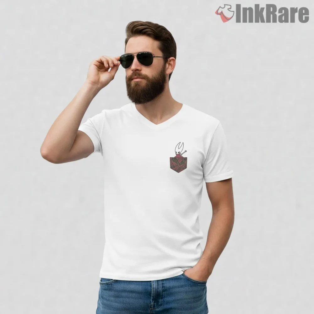 Hornet Pocket Frame Minimal Decorative Silksong Shirt on white v-neck shirt for men graphic tee
