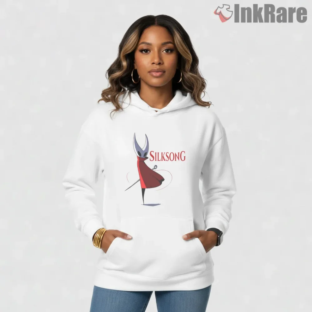 Hornet Silksong Bold Red Typography Graphic Shirt on white hoodie for women graphic tee