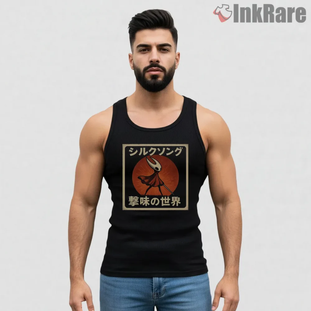 Hornet Silksong Japanese Retro Poster Shirt on black tank top for men graphic tee