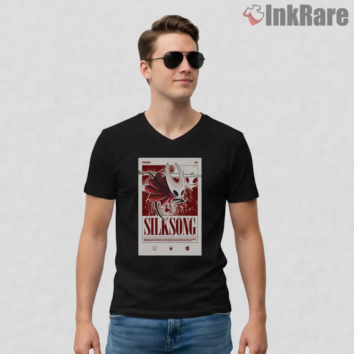 Hornet Silksong Vintage Poster Style V Neck Black Hornet Silksong Vintage Poster Style Shirt on black v-neck shirt for men graphic tee