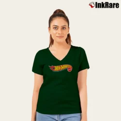 Women’s Hot Wheels Mattel Racing Toy Logo V-Neck Tee in forest green | Chic Neckline, Soft Texture