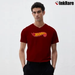 Men’s Hot Wheels Mattel Racing Toy Logo V-Neck Tee in maroon | Sharp, Breathable, Everyday Staple