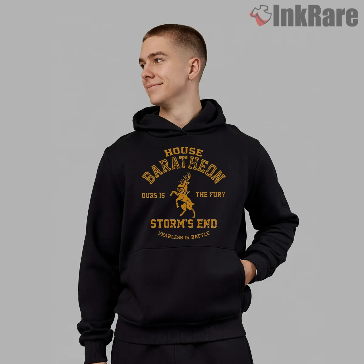 House Baratheon Stag Crest Vintage Banner Hoodie Black House Baratheon Stag Crest Vintage Banner Shirt on black hoodie for men graphic tee