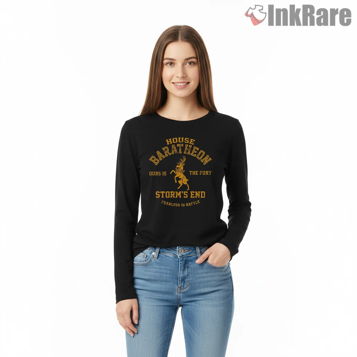 House Baratheon Stag Crest Vintage Banner Long Sleeve Black House Baratheon Stag Crest Vintage Banner Shirt on black long sleeve shirt for women graphic tee