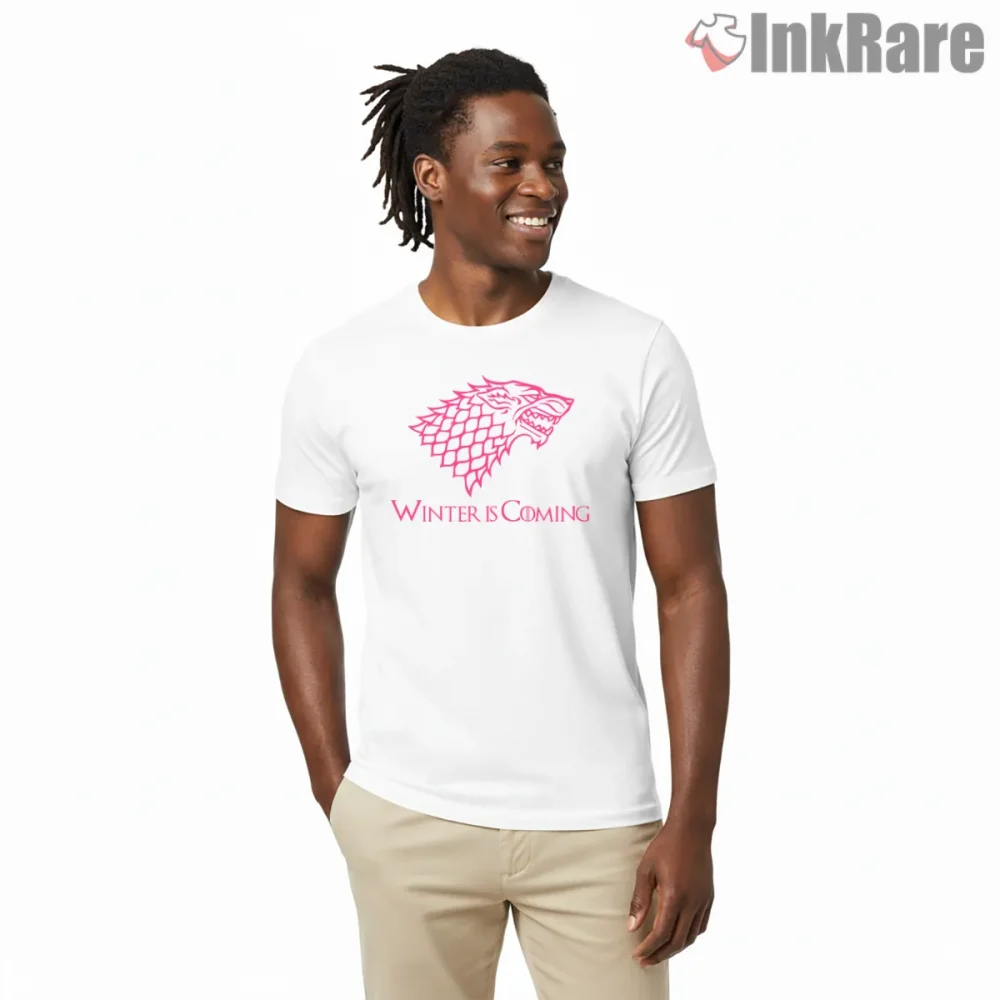 House Stark Neon Direwolf Winter Is Coming Shirt on white short sleeve shirt for men graphic tee