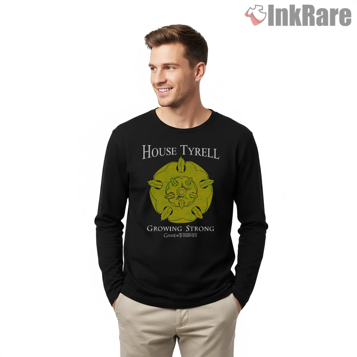 House Tyrell Floral Sigil Growing Strong Long Sleeve Black House Tyrell Floral Sigil Growing Strong Shirt on black long sleeve shirt for men graphic tee