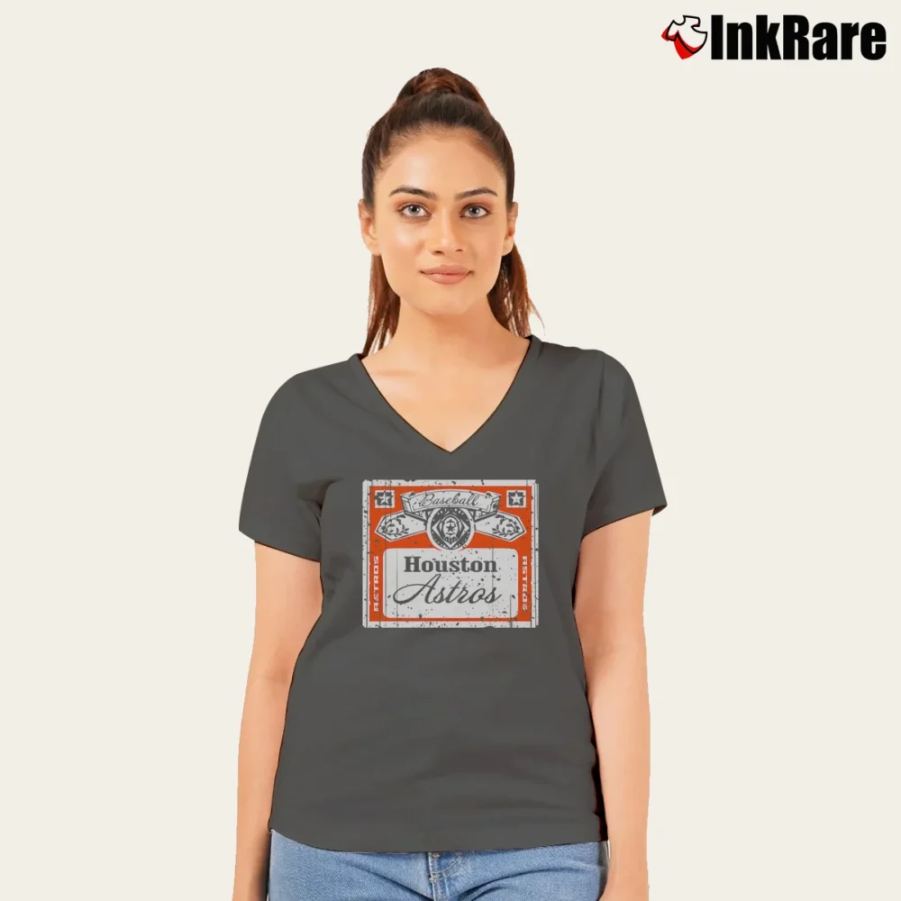 Women’s Houston Astros Baseball Beer Label V-Neck Tee in charcoal | Chic Neckline, Soft Texture