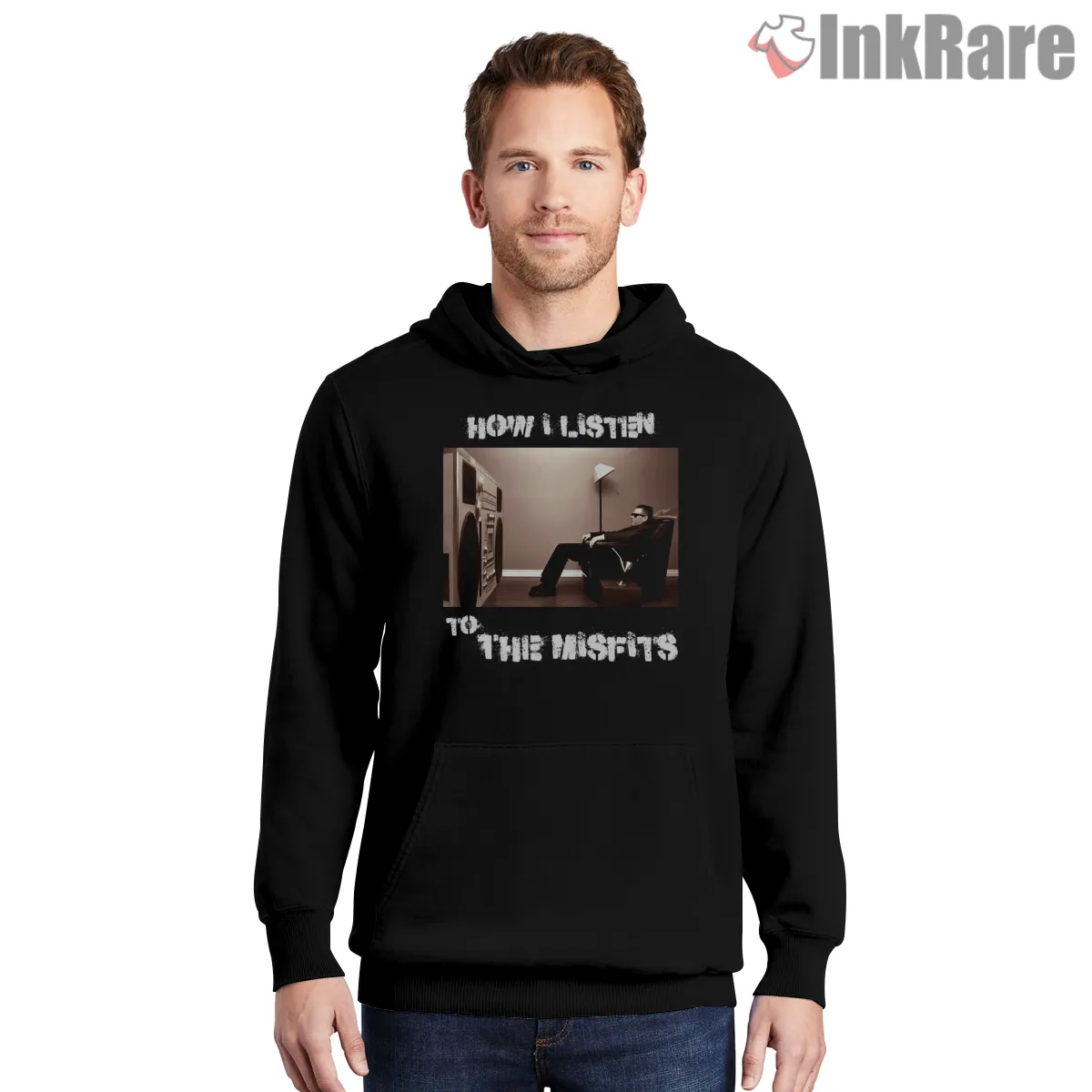 How I Listen To The Misfits Speaker Room Meme Shirt on black hoodie for men graphic tee