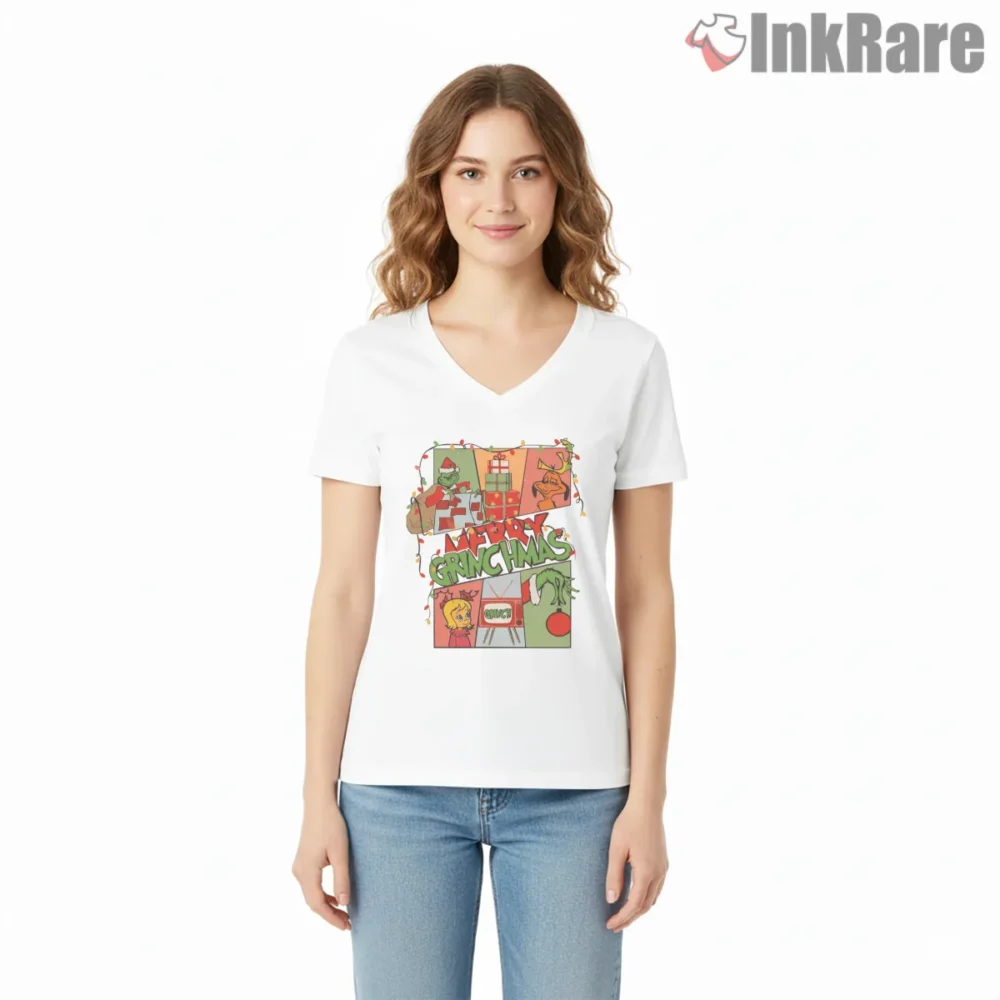 How The Grinch Stole Christmas Retro Storyboard Shirt on white v-neck shirt for women graphic tee