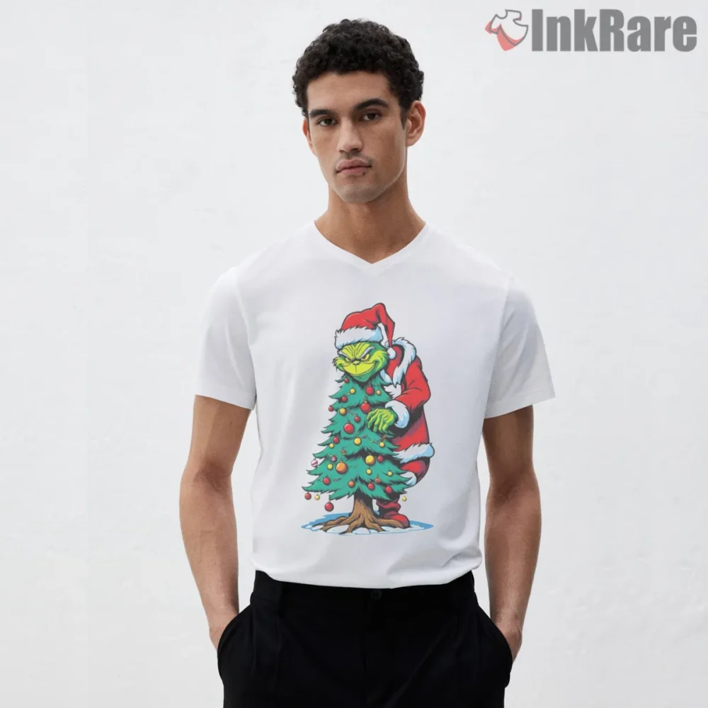 How The Grinch Stole The Christmas Tree Shirt on white v-neck shirt for men graphic tee