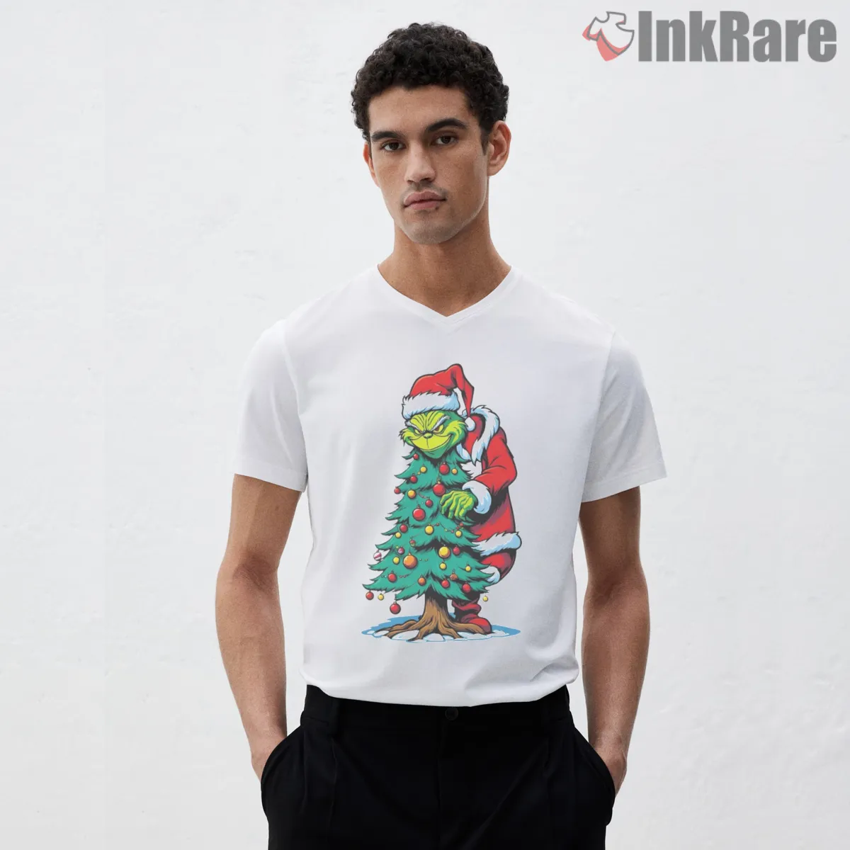 How The Grinch Stole The Christmas Tree V Neck White How The Grinch Stole The Christmas Tree Shirt on white v-neck shirt for men graphic tee