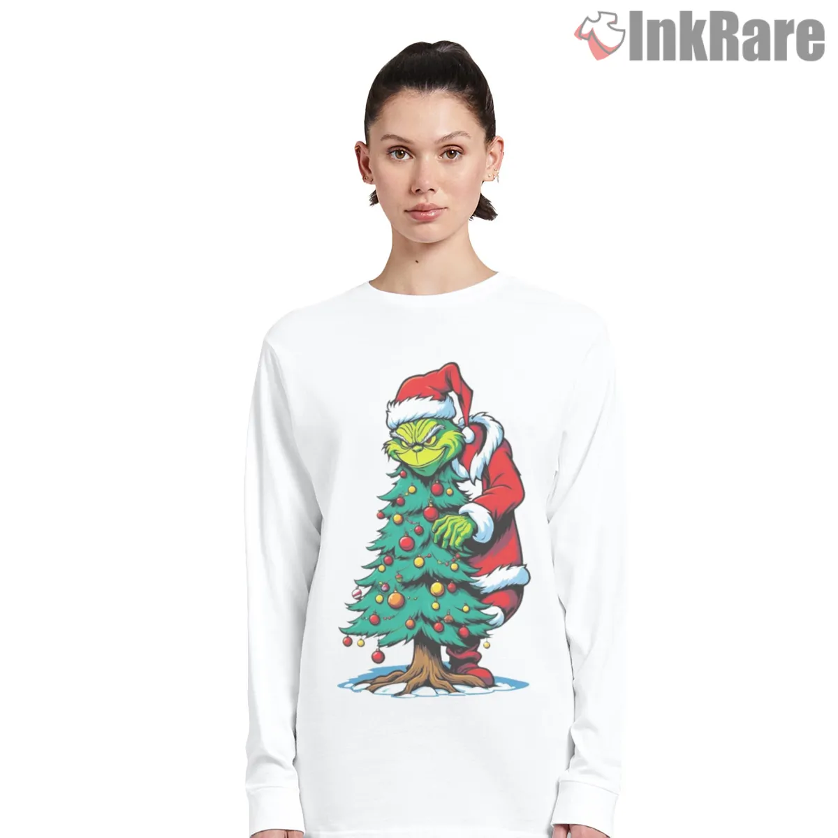 How The Grinch Stole The Christmas Tree Long Sleeve White How The Grinch Stole The Christmas Tree Shirt on white long sleeve shirt for women graphic tee