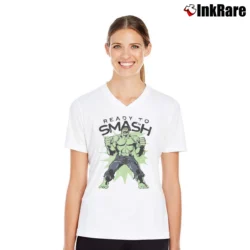 Women’s Hulk Ready To Smash Marvel Comics Superhero V-Neck Tee in white | Chic Neckline, Soft Texture