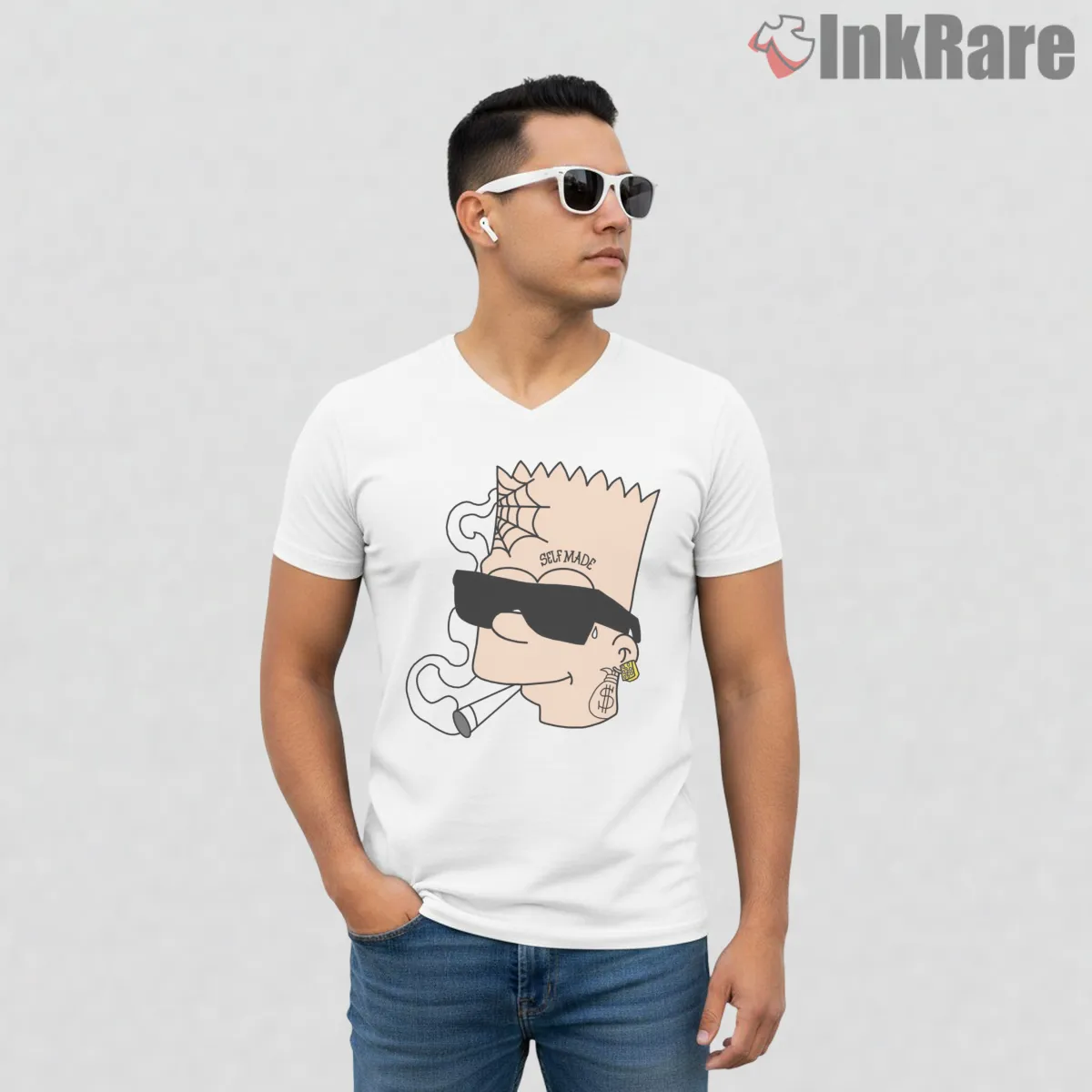 Human Bart Cholo Street Style Urban Cartoon V Neck White Human Bart Cholo Street Style Urban Cartoon Shirt on white v-neck shirt for men graphic tee