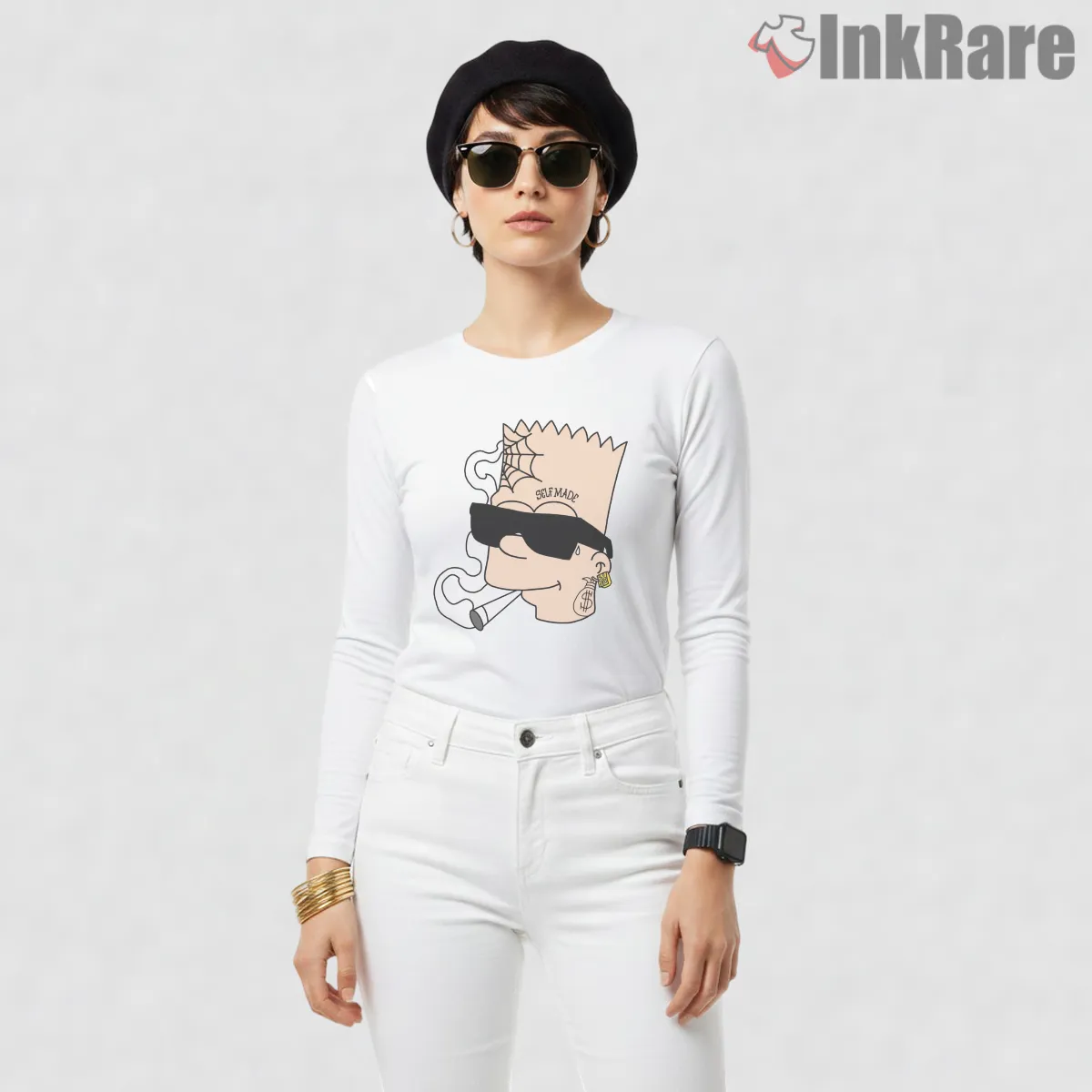 Human Bart Cholo Street Style Urban Cartoon Long Sleeve White Human Bart Cholo Street Style Urban Cartoon Shirt on white long sleeve shirt for women graphic tee