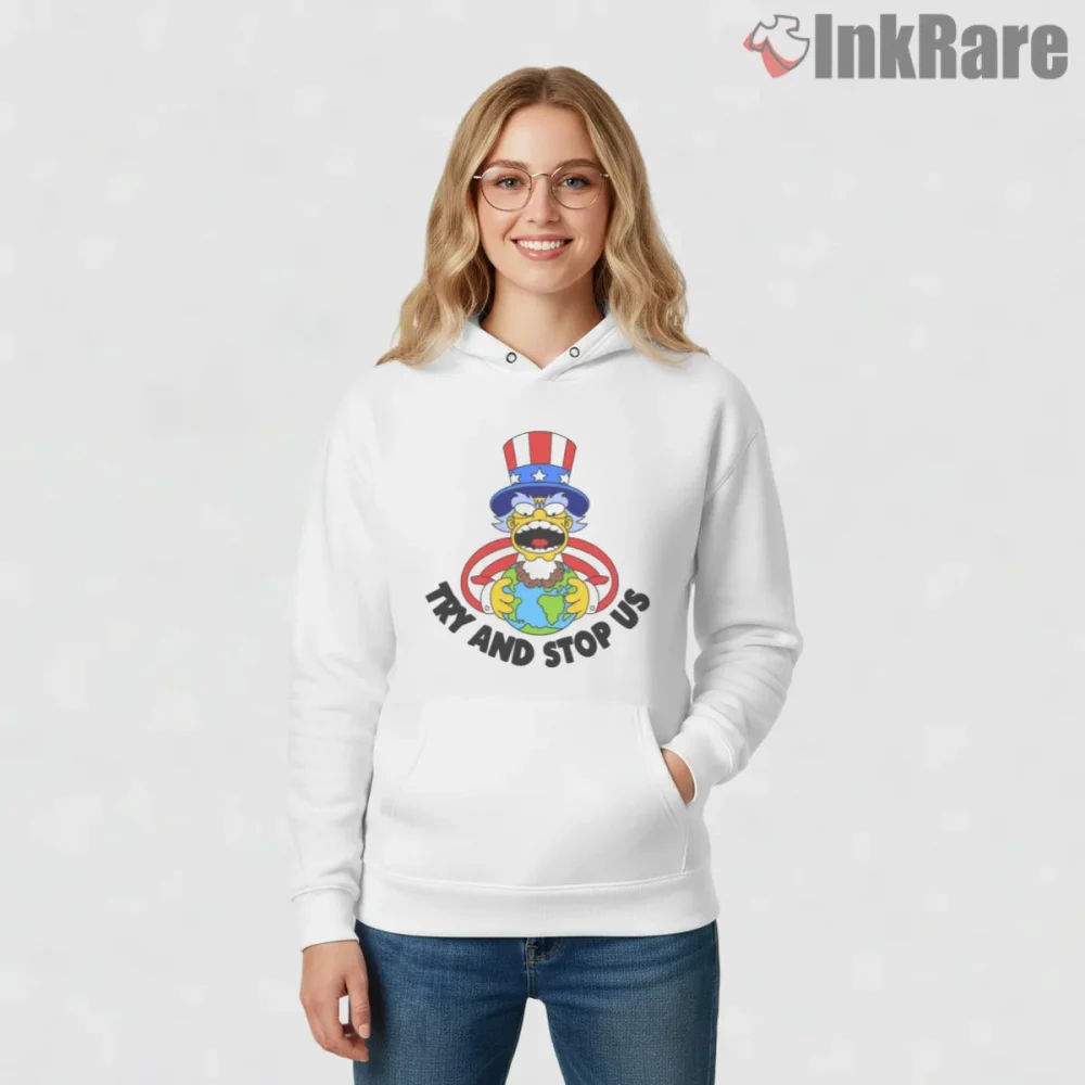 Hungry Uncle Sam Simpsons Patriotic Parody Cartoon Shirt on white hoodie for women graphic tee