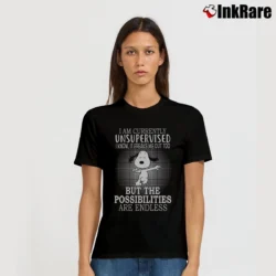 Women’s I Am Currently Unsupervised I Know It Freaks Me Out Too Snoopy T-Shirt in black | Soft, Flattering Fit