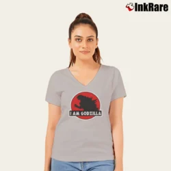 Women’s I Am Godzilla Cool Monster Graphic V-Neck Tee in sport grey | Chic Neckline, Soft Texture