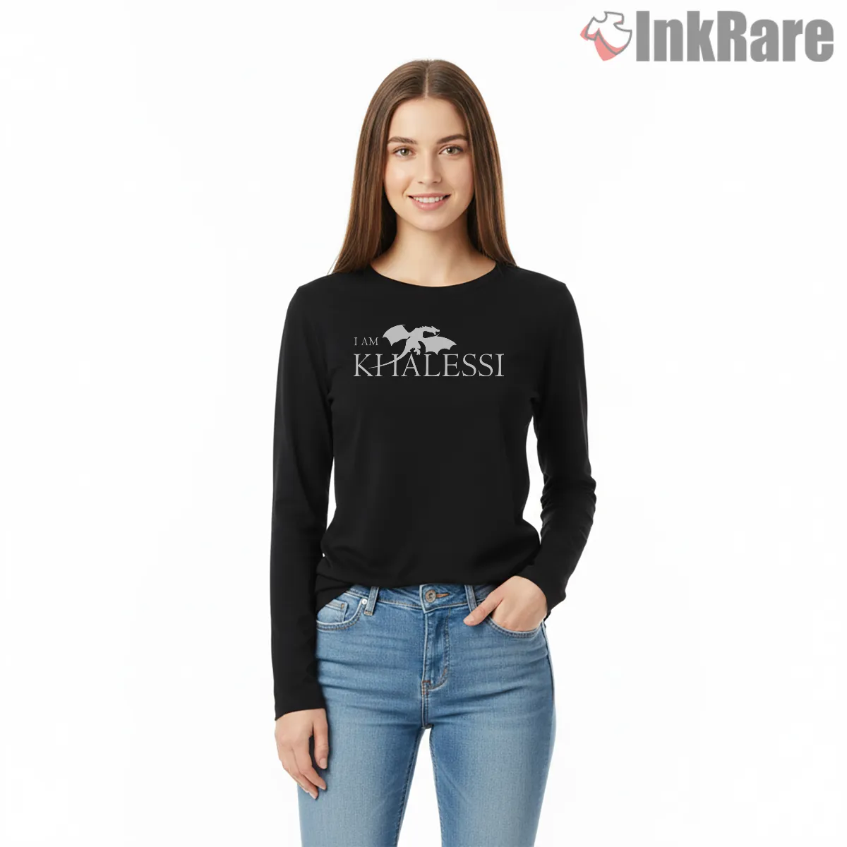I Am Khaleesi Dragon Silhouette Statement Long Sleeve Black I Am Khaleesi Dragon Silhouette Statement Shirt on black long sleeve shirt for women graphic tee