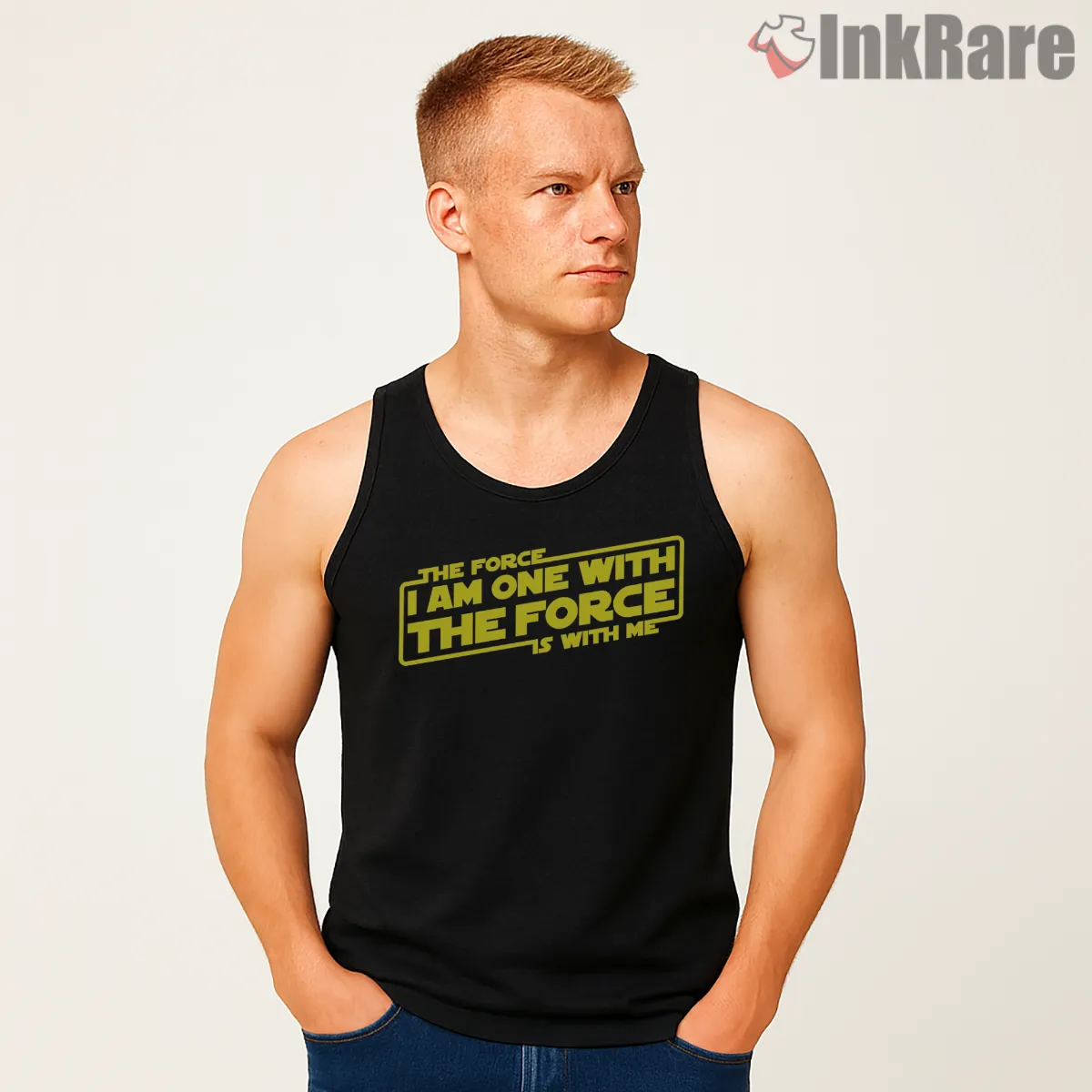 I Am One With The Force Creed Shirt on black tank top for men graphic tee