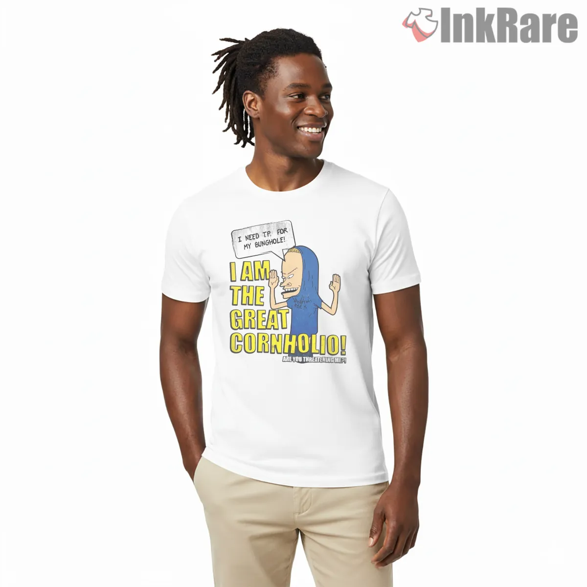 I Am The Great Cornholio Bold Poster Short Sleeve White I Am The Great Cornholio Bold Poster Shirt on white short sleeve shirt for men graphic tee