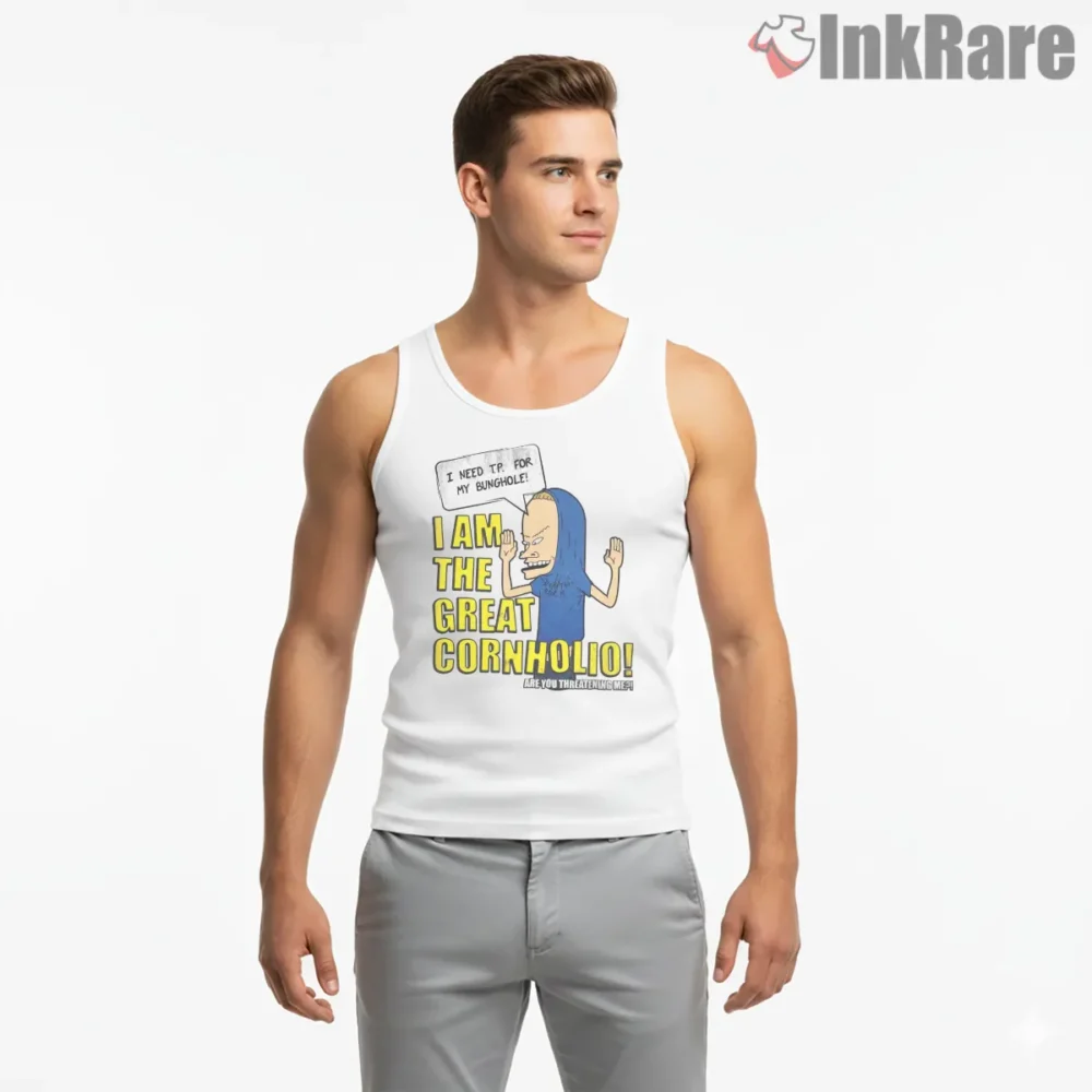I Am The Great Cornholio Bold Poster Shirt on white tank top for men graphic tee