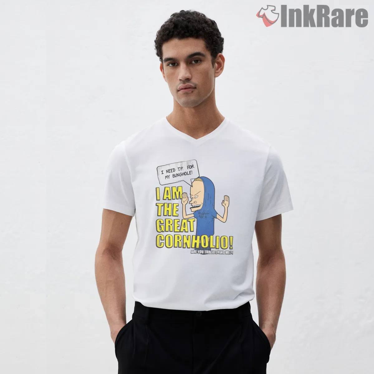 I Am The Great Cornholio Bold Poster V Neck White I Am The Great Cornholio Bold Poster Shirt on white v-neck shirt for men graphic tee