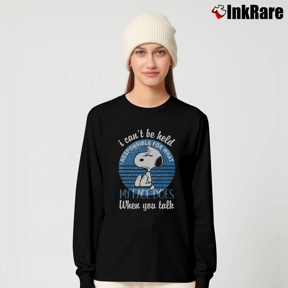 I Can’t Be Held Responsible For What My Face Does When You Talk Snoopy Women’s Long-Sleeve Top in black – Effortless Layer Women’s I Can't Be Held Responsible For What My Face Does When You Talk Snoopy Long-Sleeve Top in black | Sleek, Versatile, All-Season