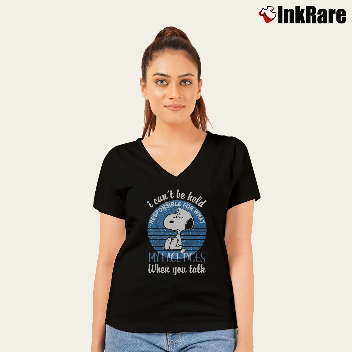 I Can’t Be Held Responsible For What My Face Does When You Talk Snoopy Women’s V-Neck Tee in black – Flattering Fit Women’s I Can't Be Held Responsible For What My Face Does When You Talk Snoopy V-Neck Tee in black | Chic Neckline, Soft Texture