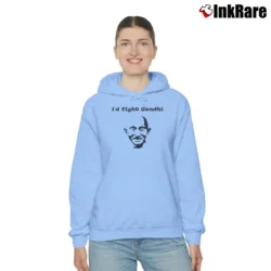 Women’s I'd Fight Gandhi Funny Statement Cozy Hoodie in light blue | Warm, Structured, Stylish