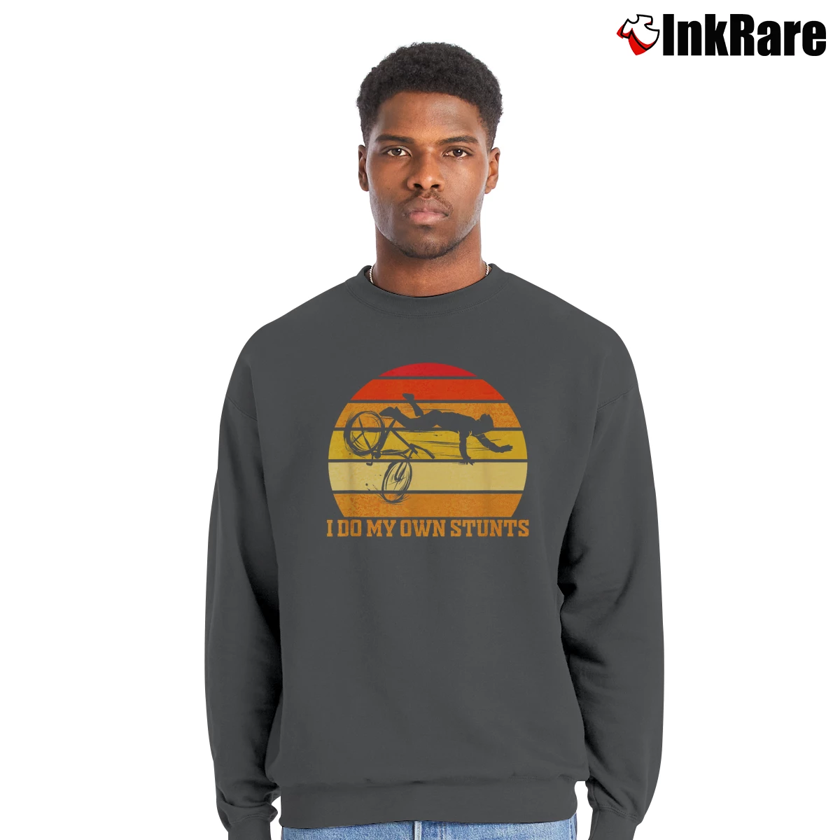 Men’s I Do My Own Stunts Bike Crewneck Sweatshirt in charcoal | Cozy Fabric, Clean Style