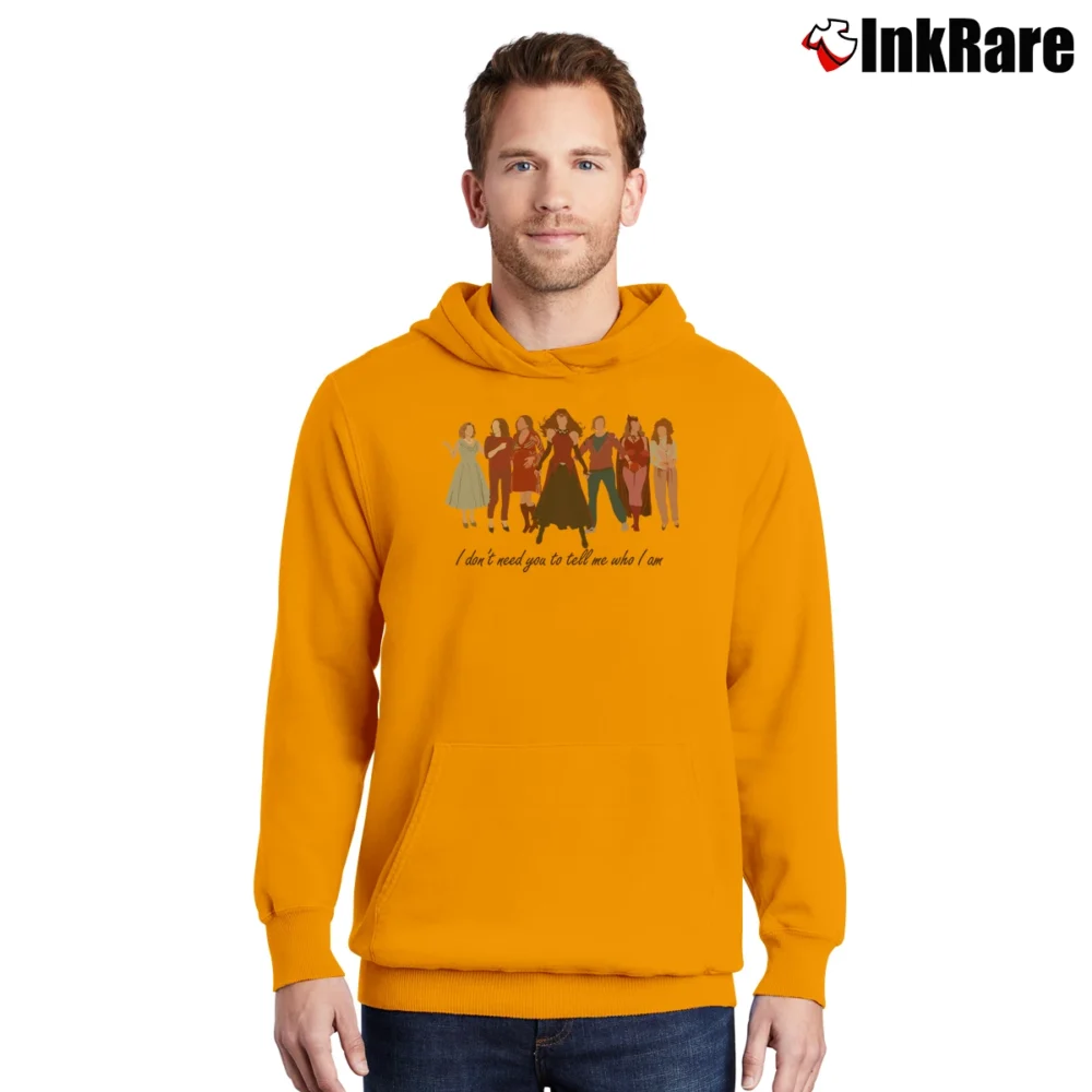 Men’s I Dont Need You To Tell Me Who I Am Scarlet Witch Marvel Pullover Hoodie in orange | Cozy, Durable, Modern Fit