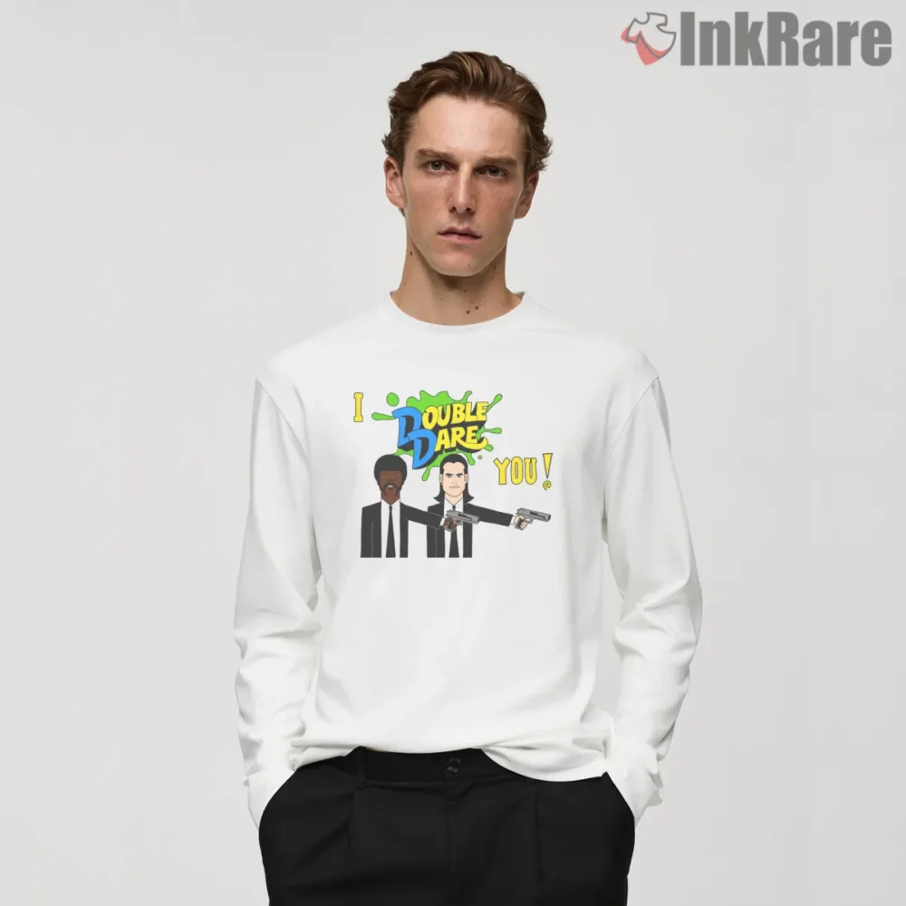 I Double Dare You Cartoon Duo Shirt on white long sleeve shirt for men graphic tee
