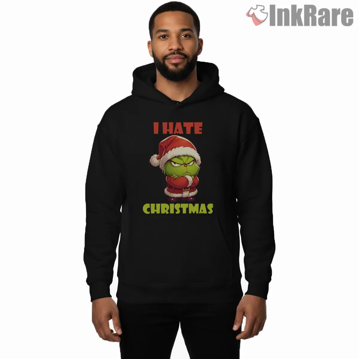 I Hate Christmas Grinch Santa Suit Shirt on black hoodie for men graphic tee