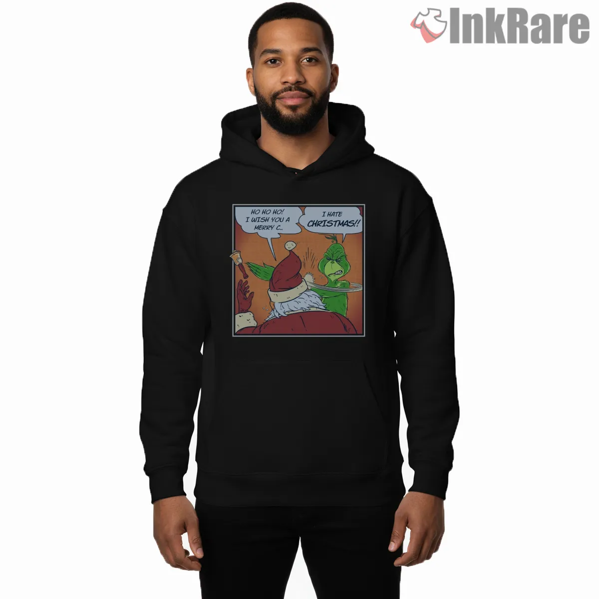 I Hate Christmas Santa And Grinch Comic Shirt on black hoodie for men graphic tee