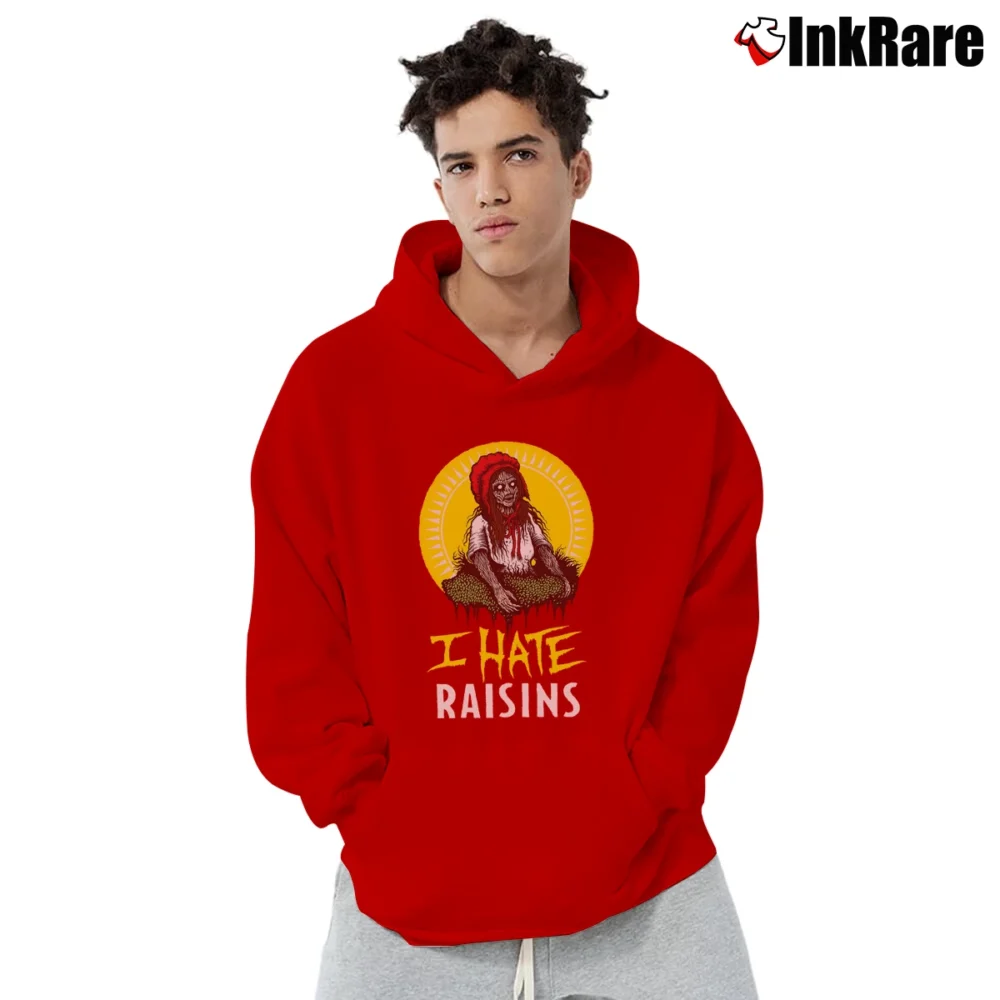 Men’s I Hate Raisins Parody Graphic Pullover Hoodie in red | Cozy, Durable, Modern Fit
