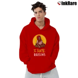 Men’s I Hate Raisins Parody Graphic Pullover Hoodie in red | Cozy, Durable, Modern Fit