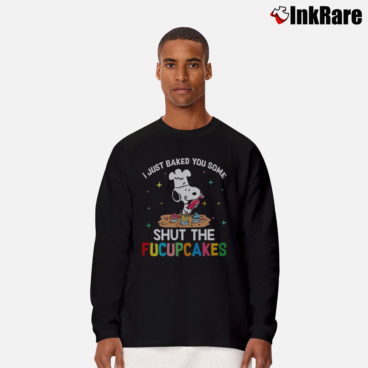 Men’s I Just Baked You Some Shut The Fucupcakes Snoopy Long-Sleeve Shirt in black | Sleek, Lightweight, Year-Round Wear