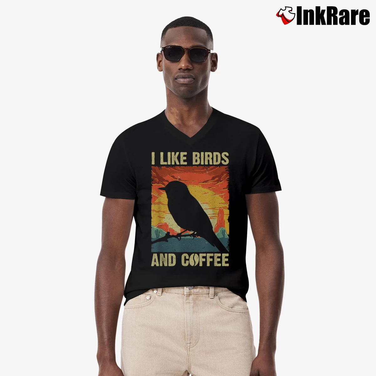 Men’s I Like Birds And Coffee V-Neck Tee in black | Sharp, Breathable, Everyday Staple