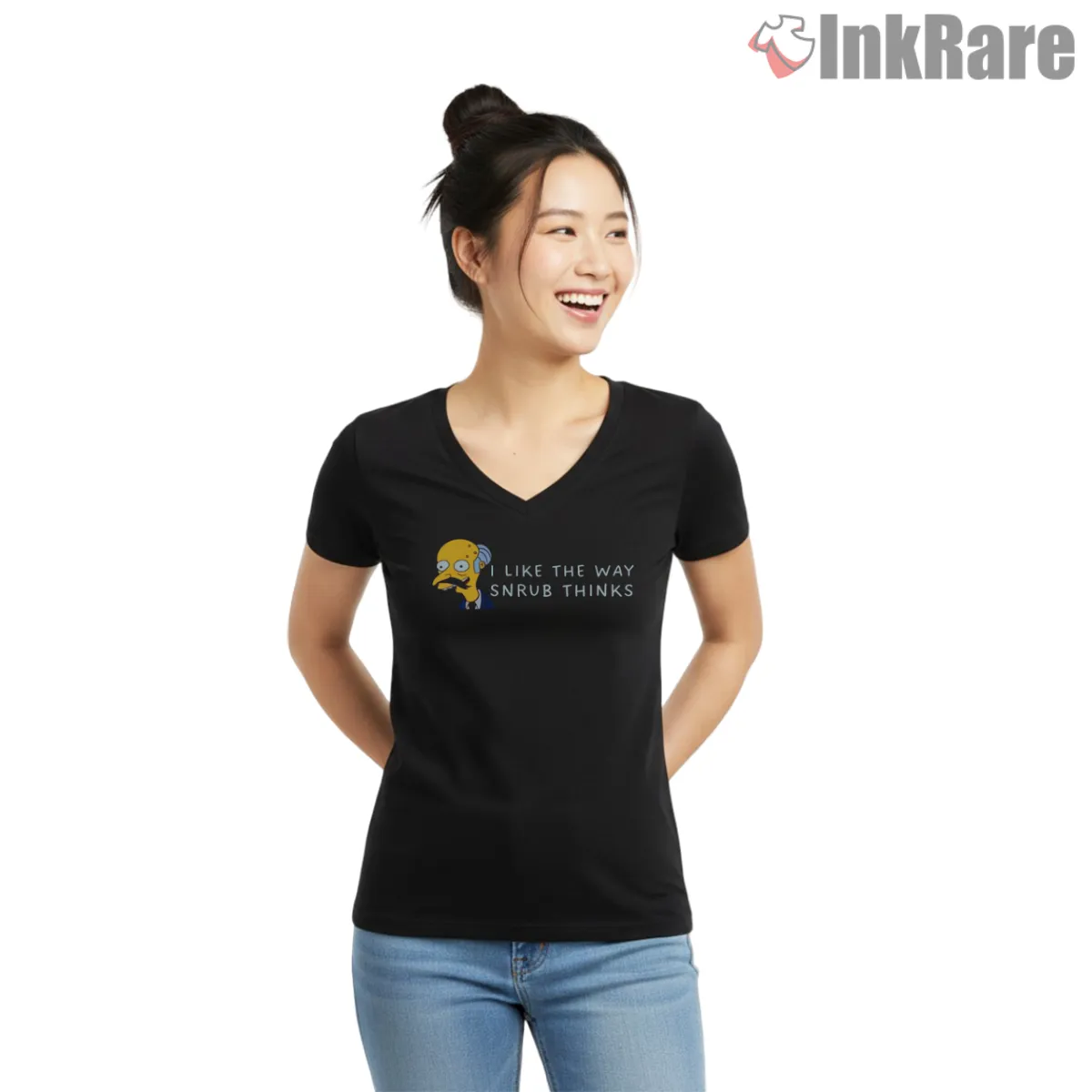 I Like The Way Snrub Thinks Simpsons Quote Minimal V Neck Black I Like The Way Snrub Thinks Simpsons Quote Minimal Shirt on black v-neck shirt for women graphic tee