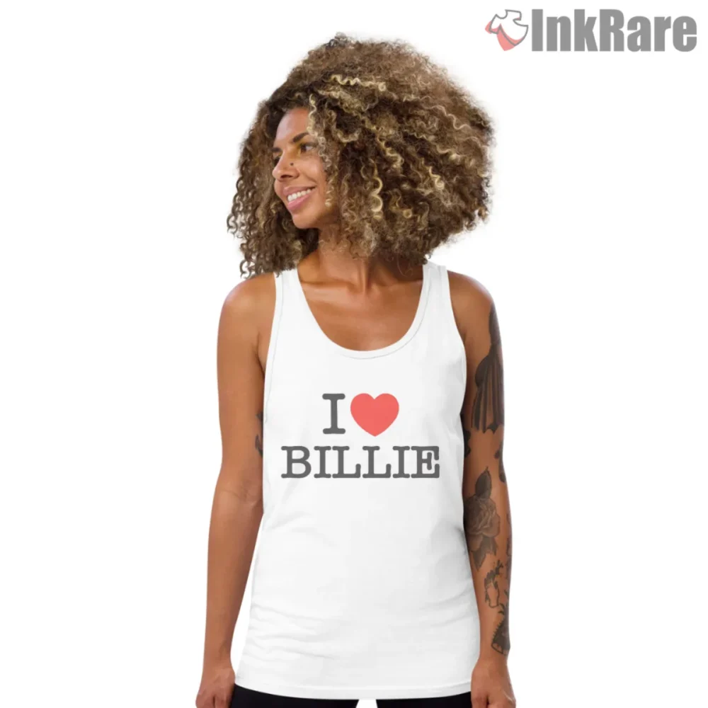 I Love Billie Heart Logo Shirt on white tank top with red heart icon