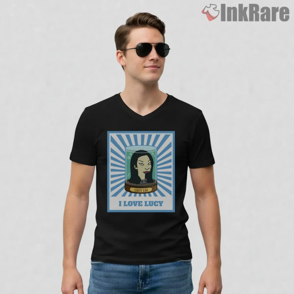 I Love Lucy Liu Cartoon Tribute Kill Bill Shirt on black v-neck shirt for men graphic tee
