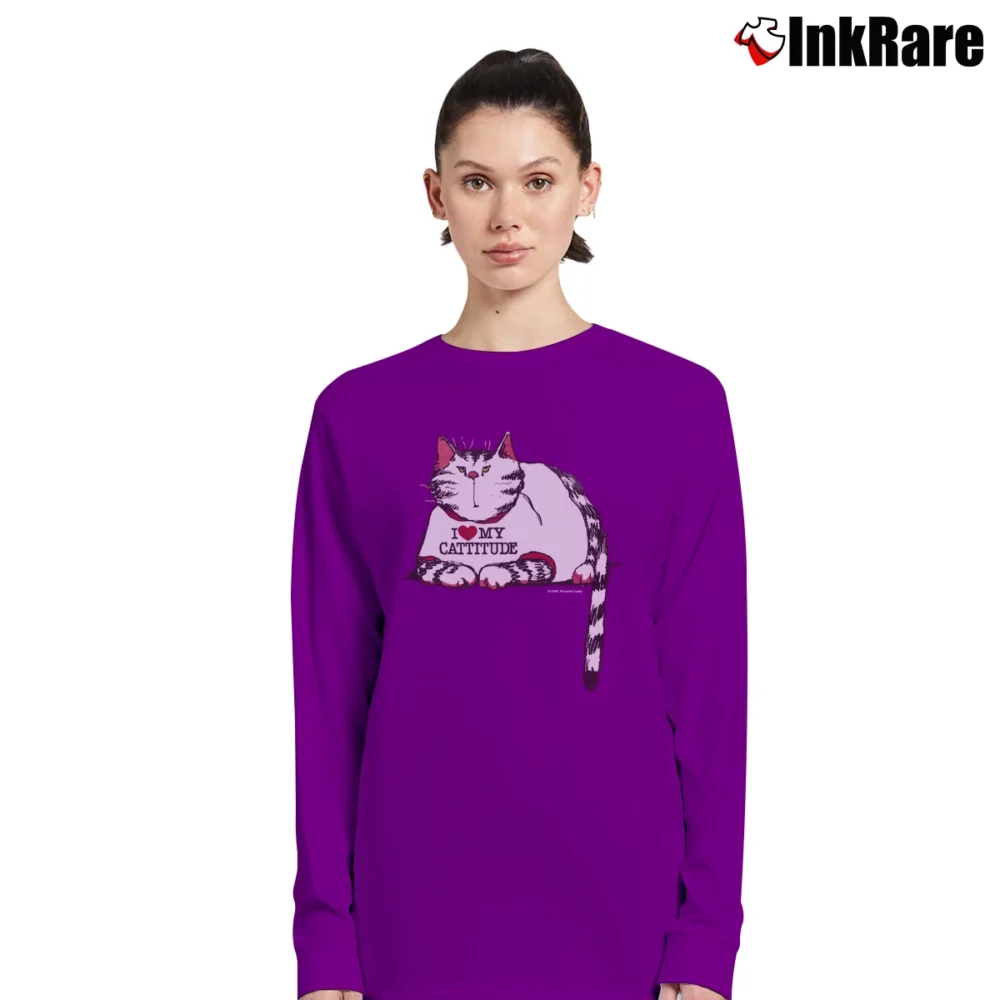 Women’s I Love My Cattitude Funny Cat Quote 90s Style Long-Sleeve Top in purple | Sleek, Versatile, All-Season