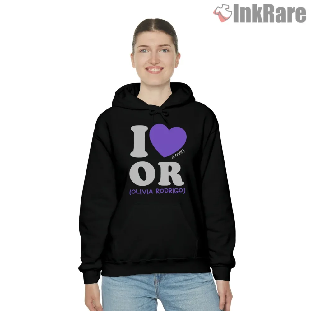 I Love Olivia Rodrigo Heart Logo Fan Shirt on black hoodie for women graphic tee