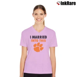 Women’s I Married Into This Clemson Tigers Classic V-Neck Tee in light pink | Chic Neckline, Soft Texture