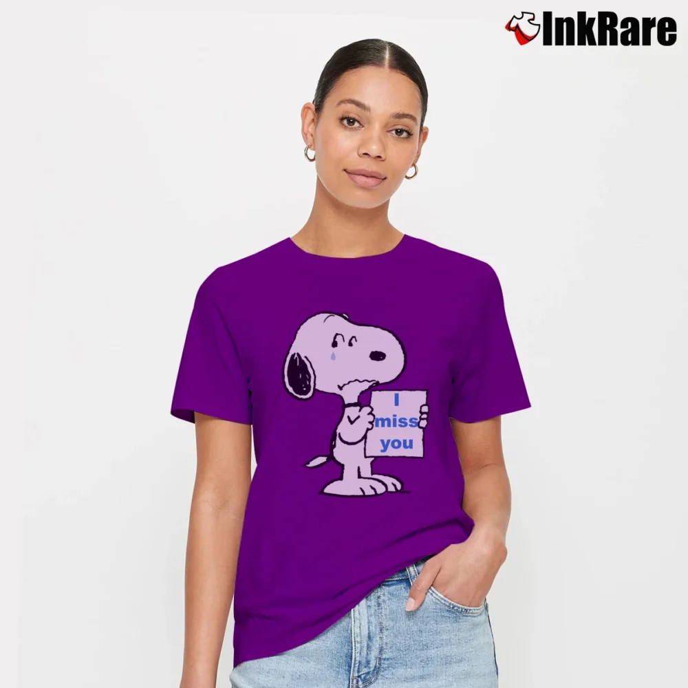 Women’s I Miss You Snoopy And Charlie Brown Signature T-Shirt in purple | Soft, Flattering Fit