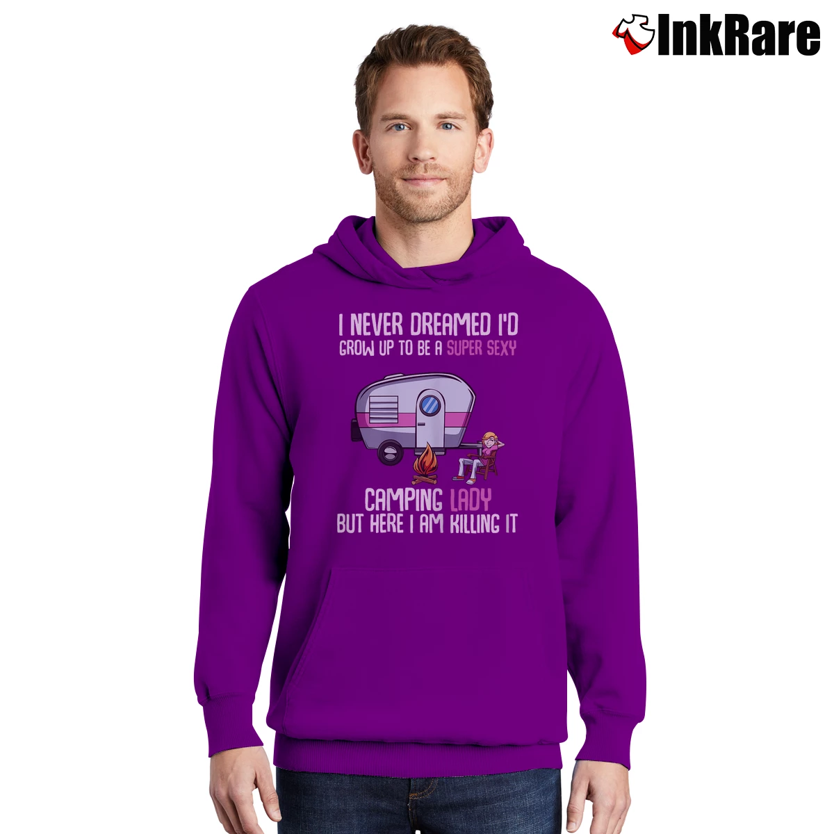 Men’s I Never Dreamed I'd Grow Up Super Sexy Camping Lady Camper Pullover Hoodie in purple | Cozy, Durable, Modern Fit