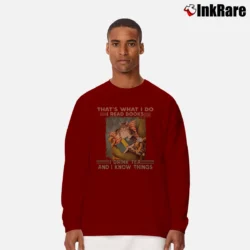 Men’s I Read Books I Drink Tea I Know Things Cat Book Lover Long-Sleeve Shirt in maroon | Sleek, Lightweight, Year-Round Wear