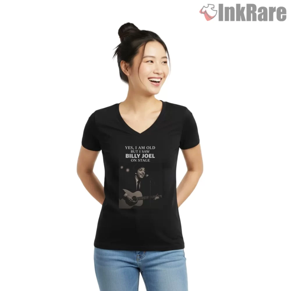 I Saw Billy Joel On Stage Vintage Photo Shirt on black v-neck shirt for women graphic tee