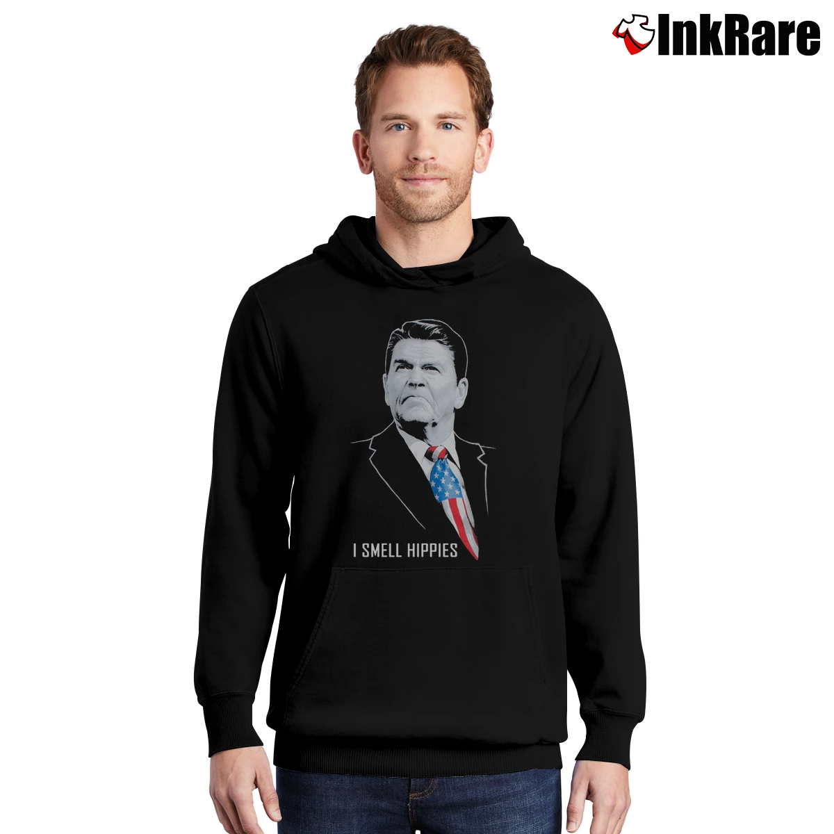Men’s I Smell Hippies Funny Ronald Reagan Conservative USA Pullover Hoodie in black | Cozy, Durable, Modern Fit